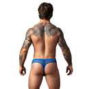Model showcasing Male Power Fishnet 2.0 Bong Thong Royal L/XL from behind, featuring open fishnet design in royal blue.