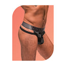 Male Power Wow Cutout Thong Black L/XL showcased on a model against a colorful background.