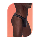 Male Power Wow Landing Strip Bikini Black Large showcased in profile view on a male model against a soft orange background.