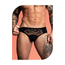 Male Power Wow Sassy Lace Bikini Black Small showcasing scalloped stretch lace and solid spandex pouch for support.