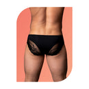 Male Power Wow Sassy Lace Bikini Black Small displayed from the back, featuring scalloped lace and supportive pouch.