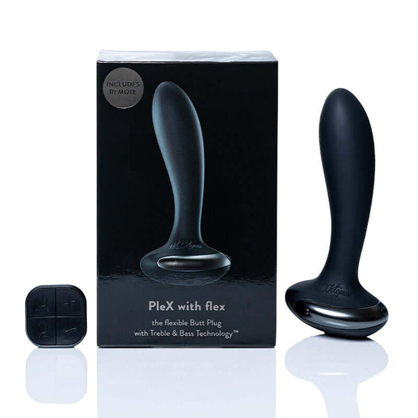 Hot Octopuss PleX with Flex Vibrating Flexible Anal Plug Black with remote and box showcasing Treble and Bass Technology™