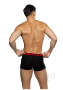 Playboy Mens Tuxedo Modal Boxer Briefs Medium shown from the back highlighting the bold red waistband and sleek design.