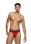 Model wearing Playboy Mens Locker Room Classic Jock Large Red, showcasing style and athletic support.