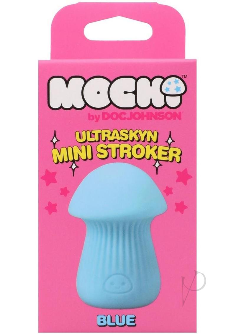 Mochi Ultraskyn Mini Stroker Blue packaging featuring a fun mushroom design on a pink background.