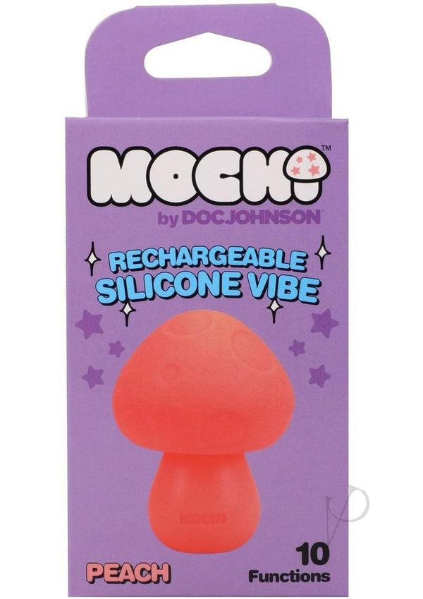 Mochi Mushroom Vibe Silicone Rechargeable Vibrator Orange packaging featuring a peach-colored mushroom design.