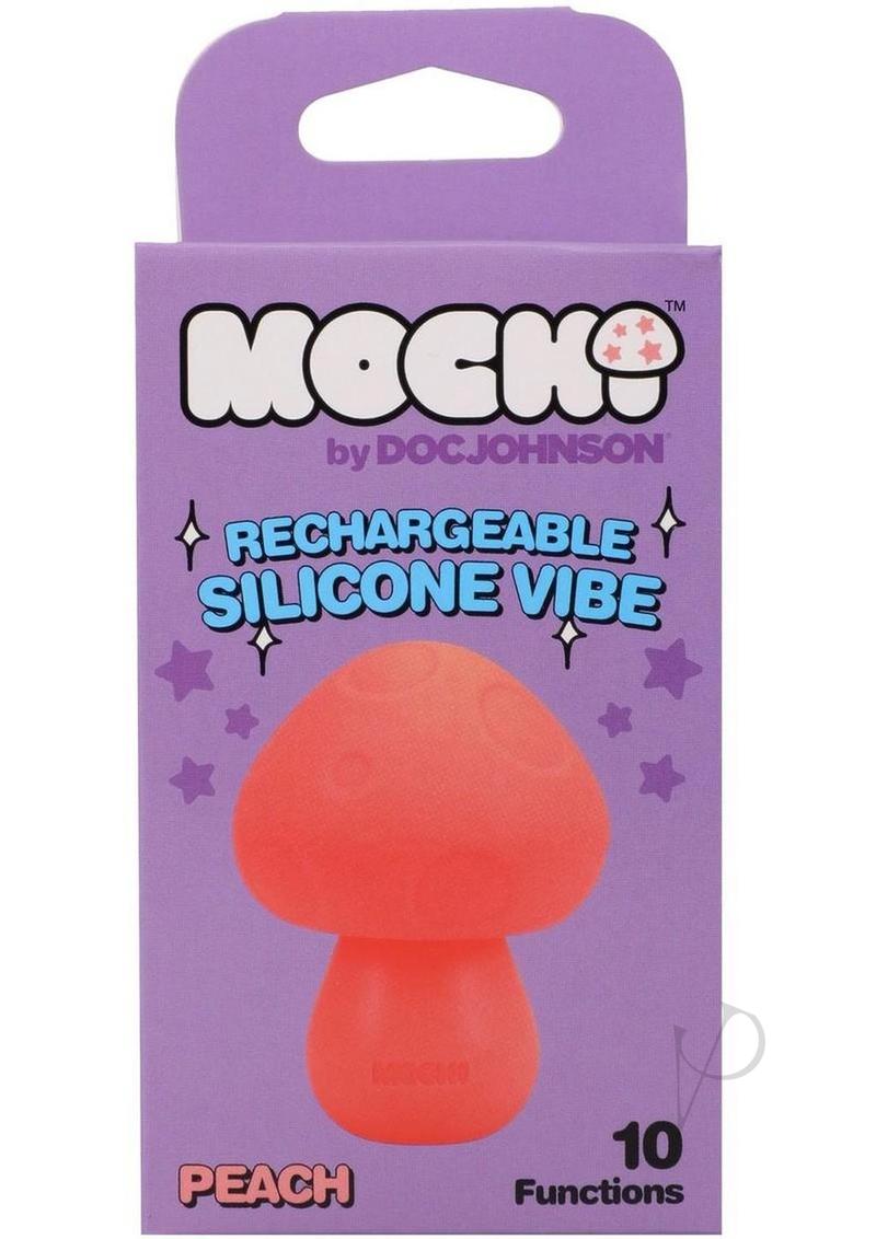 Mochi Mushroom Vibe Silicone Rechargeable Vibrator Orange packaging featuring a peach-colored mushroom design.