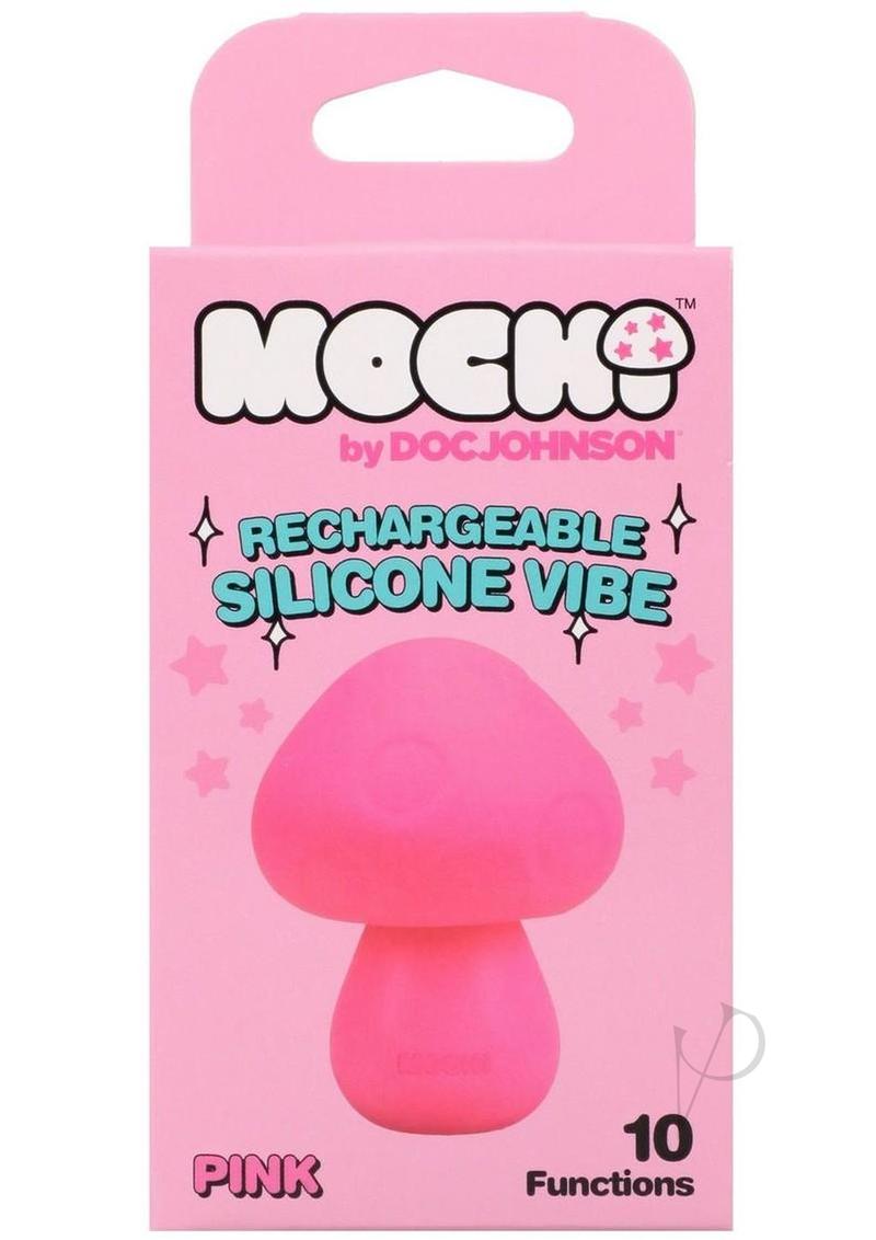 Mochi Mushroom Vibe Silicone Rechargeable Vibrator Pink product packaging with playful design and features.