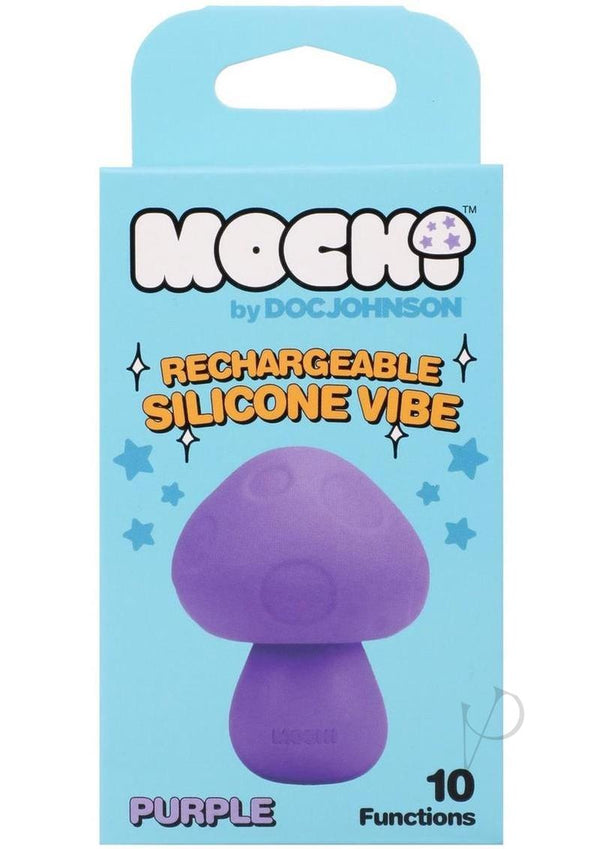 Mochi Mushroom Vibe Silicone Rechargeable Vibrator Purple packaging featuring 10 functions.