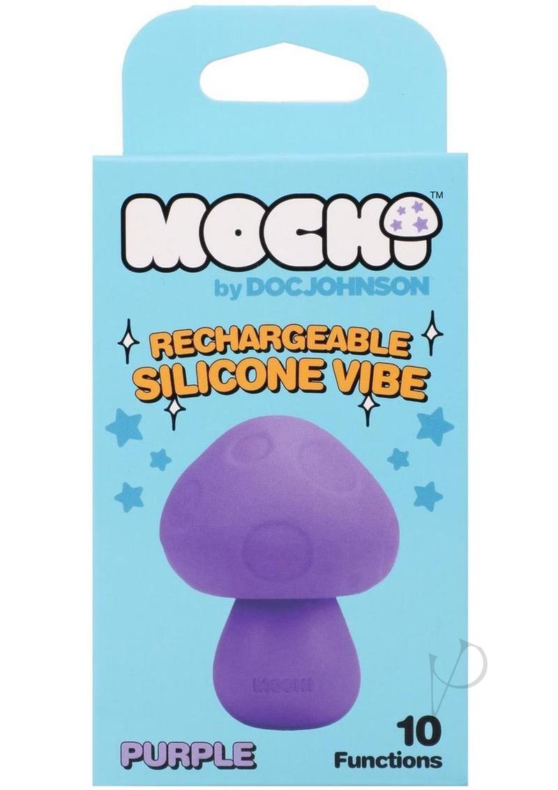 Mochi Mushroom Vibe Silicone Rechargeable Vibrator Purple packaging featuring 10 functions.