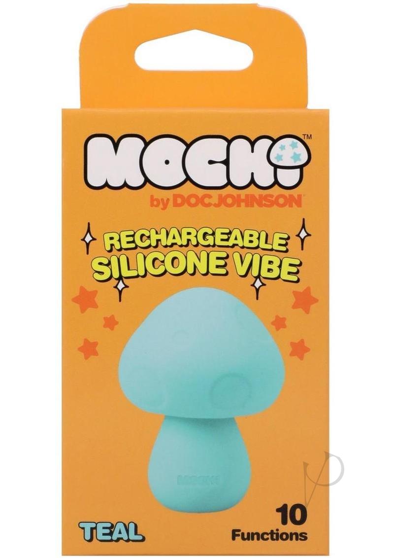 Mochi Mushroom Vibe Silicone Rechargeable Vibrator Teal packaging showcasing its cute mushroom design and 10 functions.