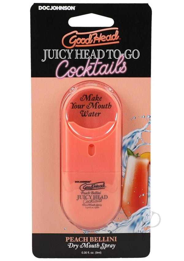 GoodHead Juicy Head to Go Cocktails Peach Bellini Dry Mouth Spray packaging with refreshing design.