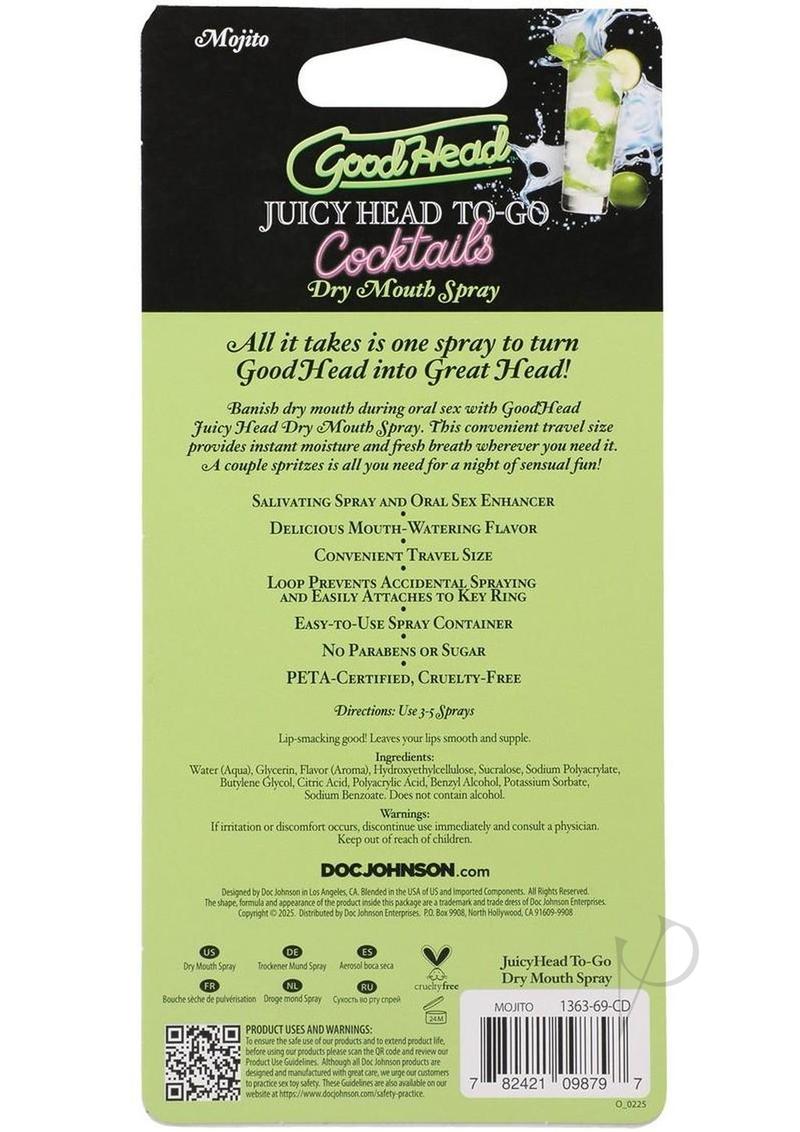 GoodHead Juicy Head to Go Cocktails Mojito Dry Mouth Spray packaging with product details and ingredients.