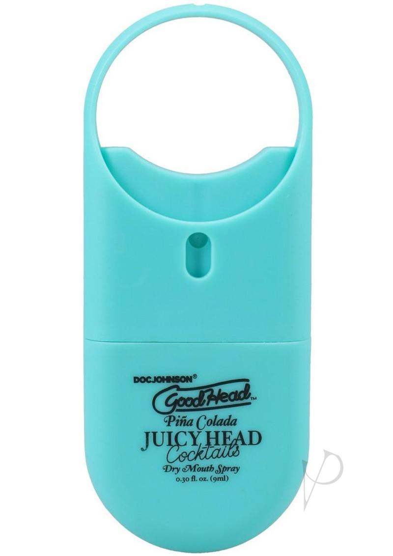 GoodHead Juicy Head to Go Cocktails Pina Colada Dry Mouth Spray in a turquoise bottle for hydration and flavor.