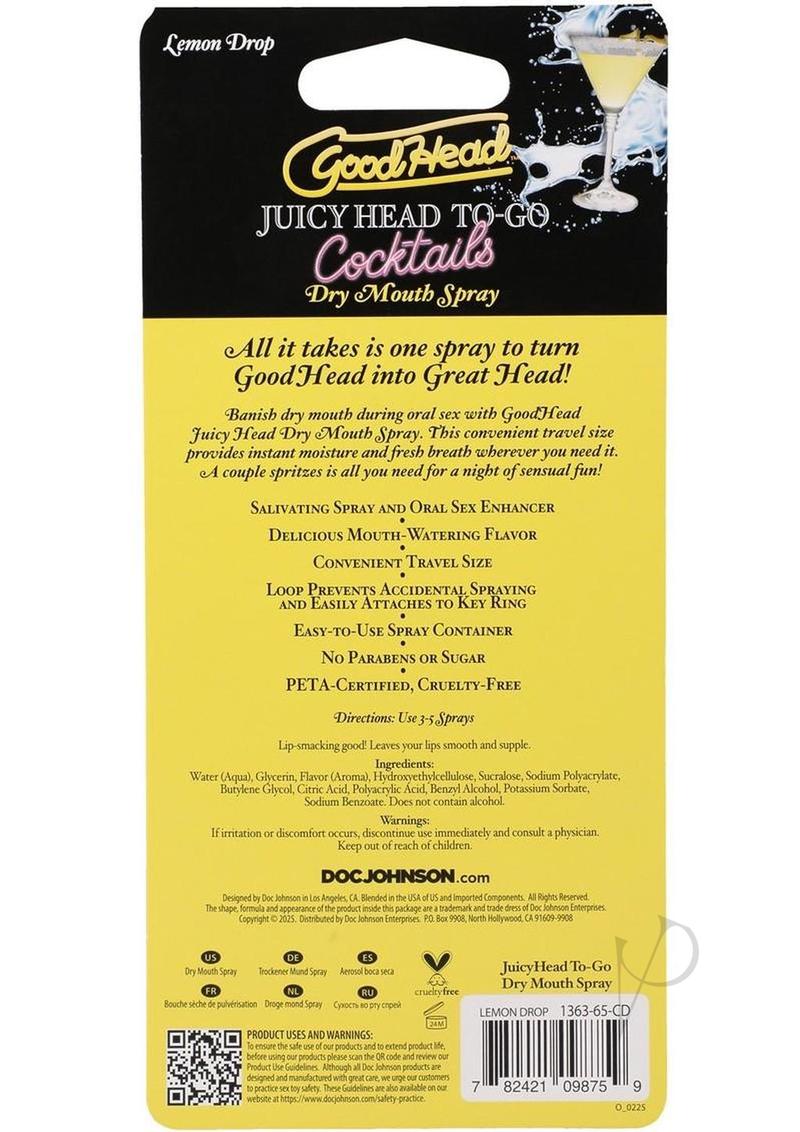 GoodHead Juicy Head to Go Cocktails Lemon Drop Dry Mouth Spray packaging with product details and usage instructions.