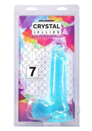 Crystal Jellies Realistic Dildo with Balls 7 inch Teal in packaging showcasing its realistic design and vibrant color.