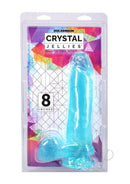 Crystal Jellies Realistic Dildo with Balls 8 inches Teal in packaging with colorful design and size indicator.