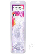 Crystal Jellies Mythical Invader Dildo Clear in packaging, showcasing its 8.5-inch phallic shape and design.