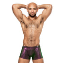 Male Power Hocus Pocus Uplift Mini Short Purple L on a model showcasing vibrant colors and uplifting design.