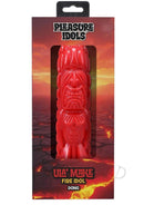 Polynesian Ula Make Fire Idol Vibrating Dildo with Remote Control in bold red packaging, showcasing unique sculptural design.
