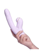 Svakom DuoGlow Rechargeable Dual Vibrator Lavender held in hand, showcasing its innovative design and features.