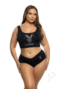 Playboy Bling Bunny Lounge Set 2 Piece XL 2XLarge Black worn by a model showcasing its stylish tank and hip hugger design.