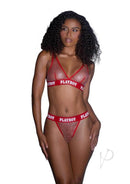 Playboy Galaxy Bunny Set 2 Piece Large XLarge Red showcasing a model in stylish red lingerie with crystal fishnet detailing.