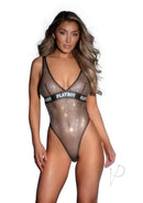 Playboy Galaxy Bunny Teddy Small Medium Silver fishnet bodysuit showcasing bold sparkle and iconic branding.