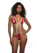 Playboy Dueling Bunny Sling Red OS featuring a model in a red-and-white strappy bikini teddy with bunny logo prints.