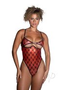 Playboy Shimmer Bunny Teddy Medium Red showcased on a model, featuring a sheer bodysuit with iconic branding.