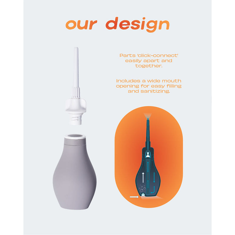 Du Douche Stone design showing easy-click components and wide mouth opening for filling and sanitizing.