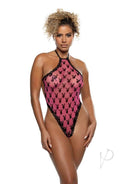Playboy Ravishing Bunny Halter Teddy Hot Pink OS showcasing curves with a playful design and soft, breathable mesh fabric.