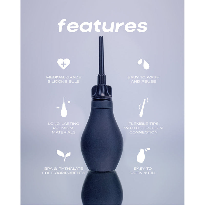 Du Douche Midnight features medical-grade silicone bulb, easy to wash, BPA-free components, flexible tips for comfort.