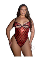 Playboy Shimmer Bunny Teddy 2XLarge Red Black on a model showcasing its sheer design and seductive style.