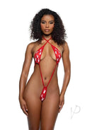 Playboy Pillow Talk Bunny Sling Red OS worn by a model, showcasing bold red spandex with Playboy Bunny logo accents.