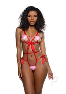 Playboy Lovestruck Bunny Strappy Teddy Red OS featuring a seductive model in a red and pink lingerie design.