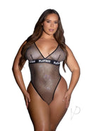 Playboy Galaxy Bunny Teddy 1XL 2XL, a bold crystal fishnet bodysuit showcasing curves and featuring Playboy logo.