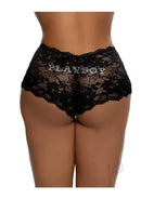 Playboy Sweet Cheeks Bunny Panty OS Black showcasing sheer lace design with iconic Playboy branding.