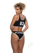 Playboy Sporty Bunny Lounge Set 2 Piece Black OS featuring a model wearing the sporty black crop top and bottom.
