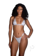 Model wearing Playboy Twilight Shimmer Bikini Set 2 Piece Silver OS showcasing its dazzling design and sleek finish.