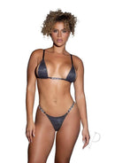 Playboy Twilight Shimmer Bikini Set 2 Piece Gray OS worn by a model highlighting its metallic design and sleek lines.