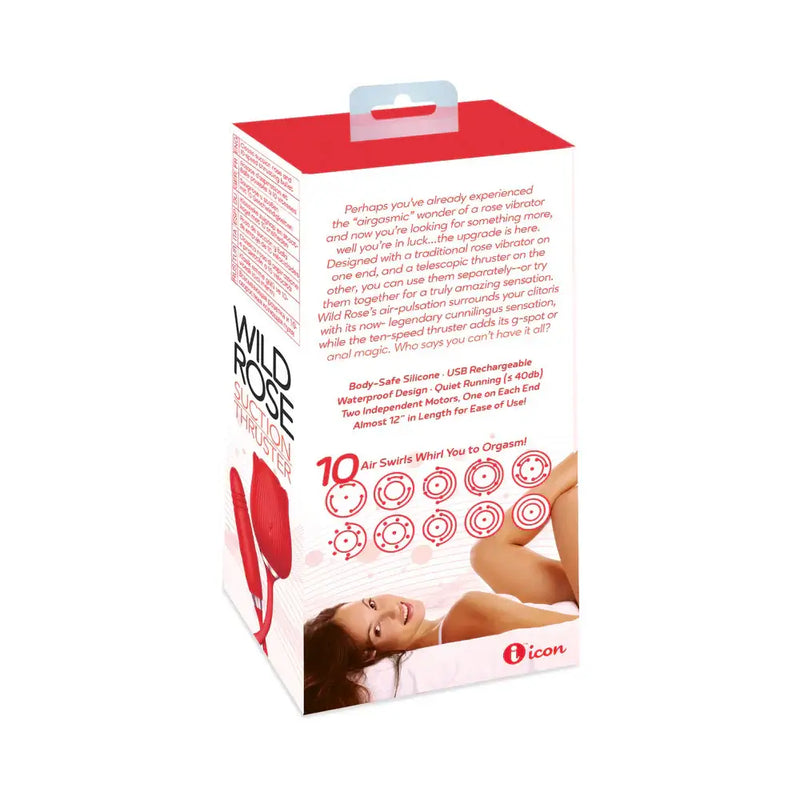 Wild Rose Suction Thruster Red packaging showcasing features and design for enhanced pleasure.