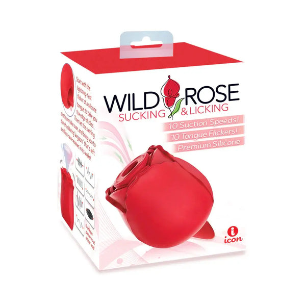 Wild Rose and Tongue Sucking and Licking Vibrator Red packaging showcasing suction speeds and tongue flickers.