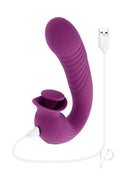 Evolved Deep Ecstasy Thrusting Rabbit Vibrator Purple with ribbed shaft and clitoral stimulator, USB rechargeable.