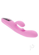 Evolved Push the Button G-Spot Rabbit Vibrator Pink showcasing its curved shaft and clitoral stimulator.