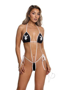 Playboy Dueling Bunny Sling Black OS worn by model, showcasing bold design and iconic logos on stylish lingerie.