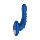 Forto Ribbed Pro Silicone Vibrating Anal Massager Blue placed on a white background highlighting its sleek design.