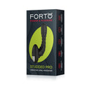 Forto Studded Pro Silicone Vibrating Anal Massager Black packaging with product features highlighted.