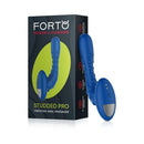 Forto Studded Pro Silicone Vibrating Anal Massager Blue with packaging, showcasing its ergonomic design and textured exterior.