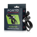 Forto Pointer Silicone Vibrating Dual Cockring Black packaging with the product displayed.